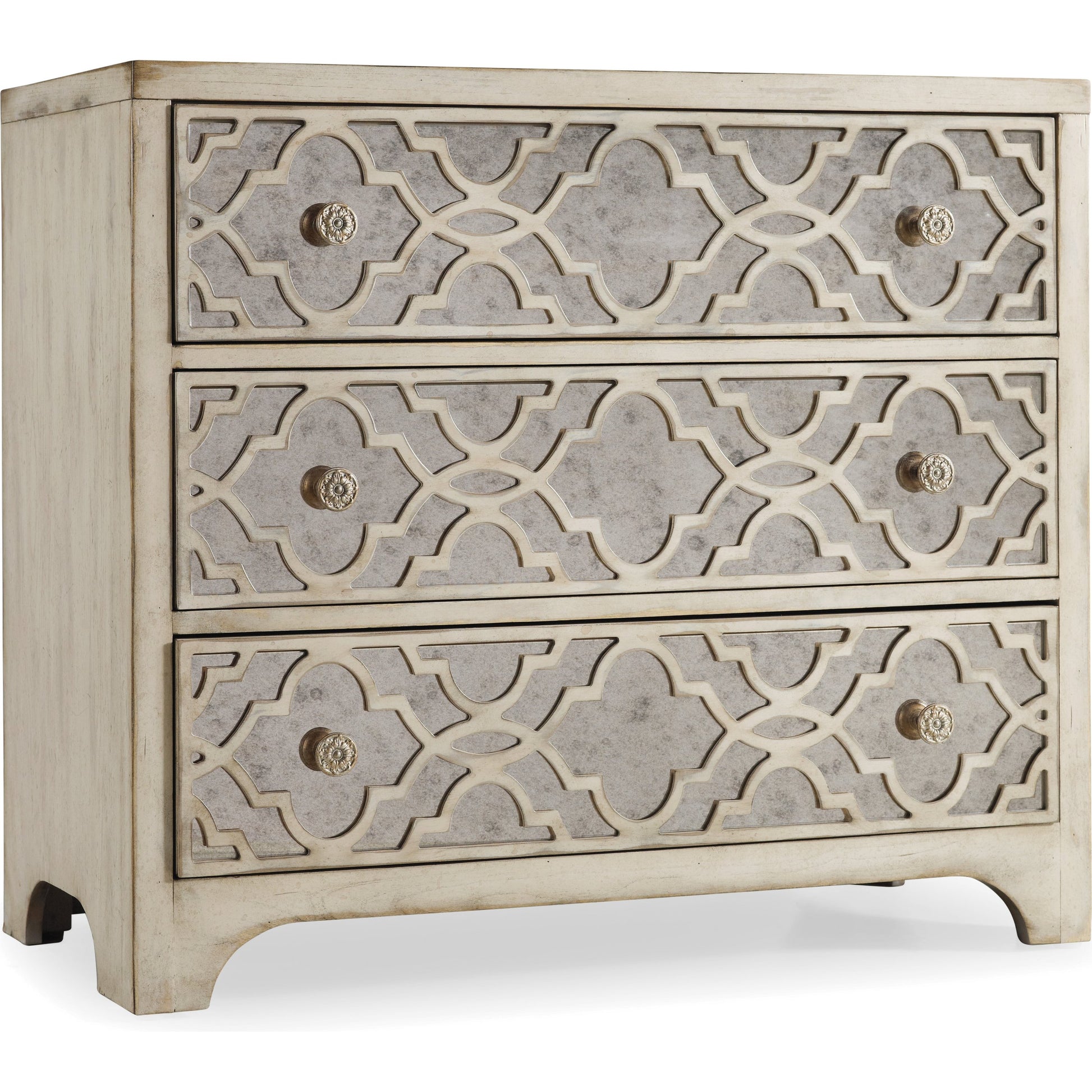 Sanctuary Fretwork Chest by Hooker Furniture in pearl essence. Made from oak, red cedar veneers with antique mirror in a modern style.