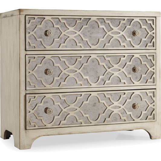 Sanctuary Fretwork Chest by Hooker Furniture in pearl essence. Made from oak, red cedar veneers with antique mirror in a modern style.