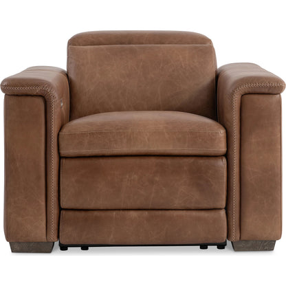 Lioni Leather Power Motion Chair by Bernhardt in brown. Made from leather in a traditional style.