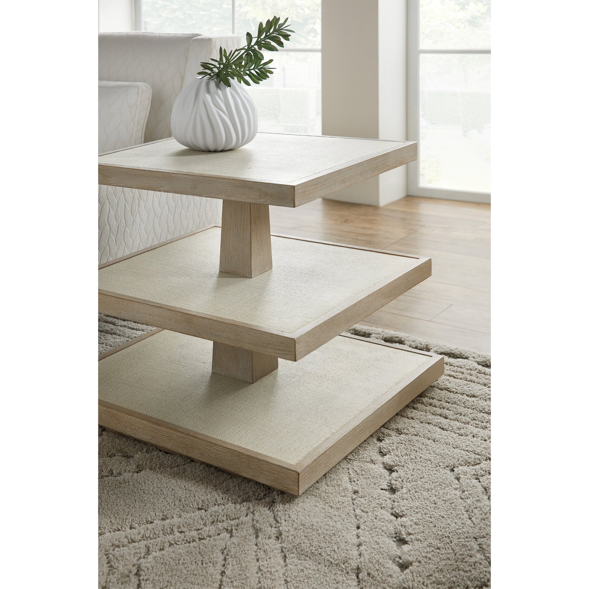 Cascade 3-Tiered End Table by Hooker Furniture in terrain, pebble beach. Made from burlap in a cottage & farmhouse style.