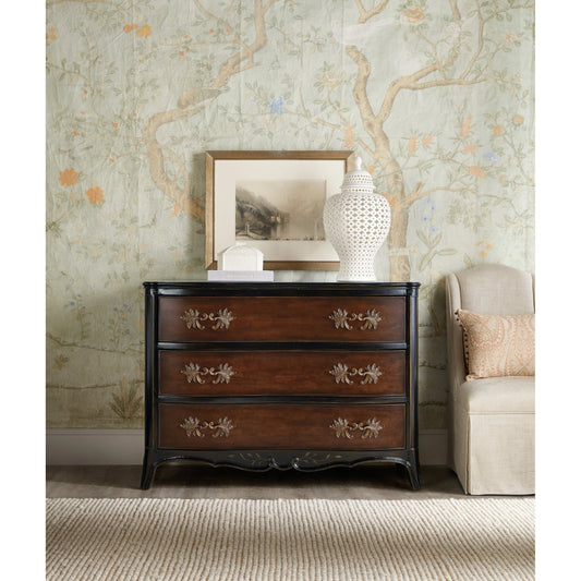 Charleston Three-Drawer Accent Chest by Hooker Furniture in black cherry, maraschino cherry. Made from cherry veneers, resin, solid-wood edge top in a traditional style.