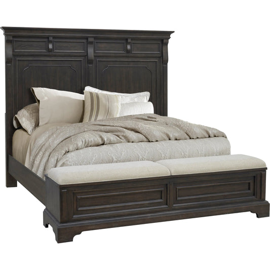 Hickory Creek Storage Bed by Pulaski Furniture in brown velvet. Made from split heart cathedral hickory veneers in a unique style.