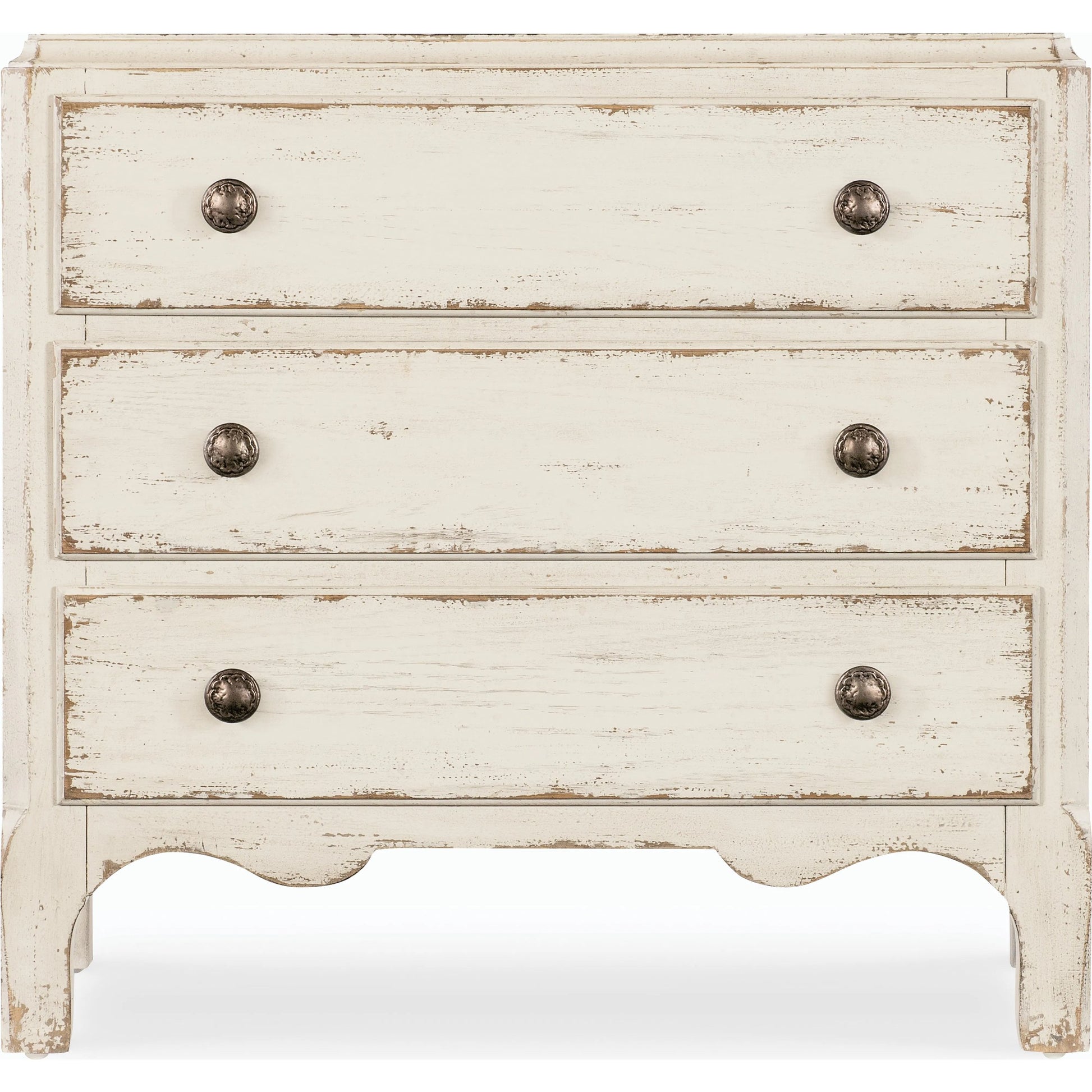 Americana Scalloped Three-Drawer Nightstand by Hooker Furniture. Made from oak veneers with solid-wood edge top in a modern style.