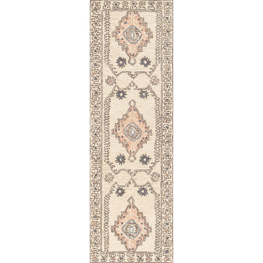 Urfa Rug - 26544 by Livabliss in peach, dusty pink, ivory, light gray, deep teal, medium gray. Made from 100% wool in a unique style.