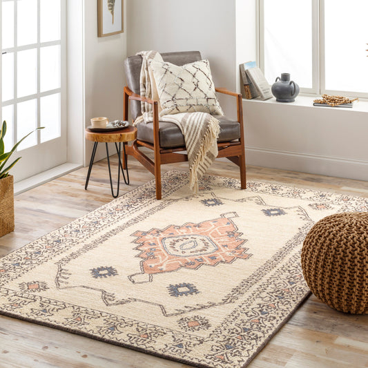 Urfa Rug - 26544 by Livabliss in peach, dusty pink, ivory, light gray, deep teal, medium gray. Made from 100% wool in a unique style.