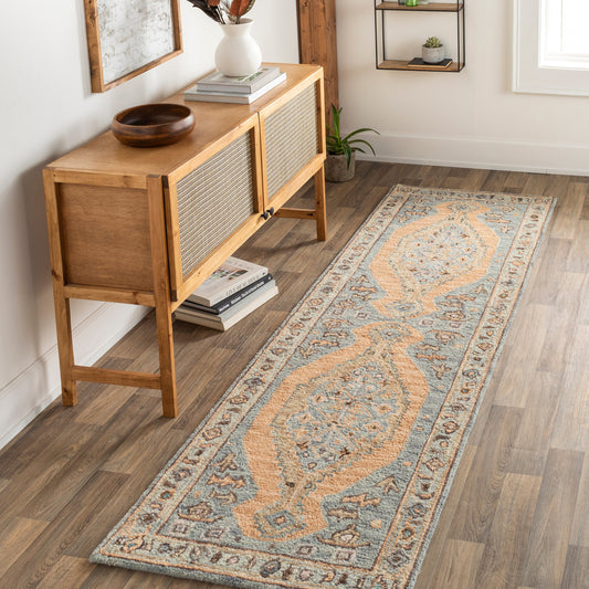 Urfa Rug - 29183 by Surya in dusty pink, dusty coral, beige, ice blue, denim, pale blue. Made from 100% wool in a unique style.