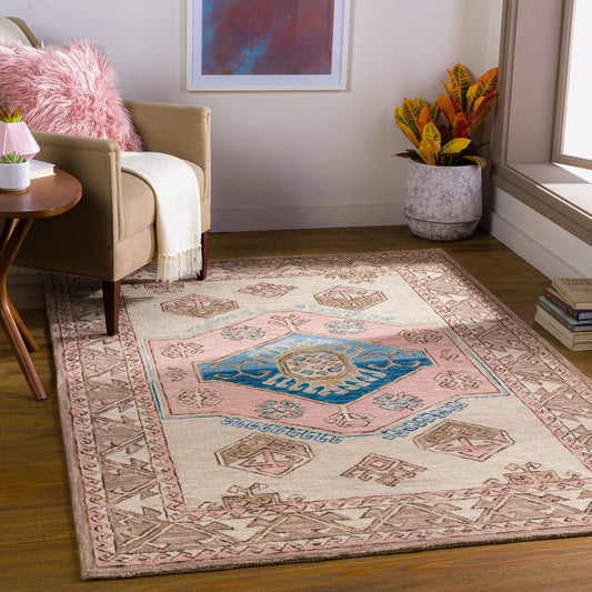 Urfa Rug - 26542 by Surya in blue, light blue, ice blue, dusty pink, light beige. Made from 100% wool in a unique style.
