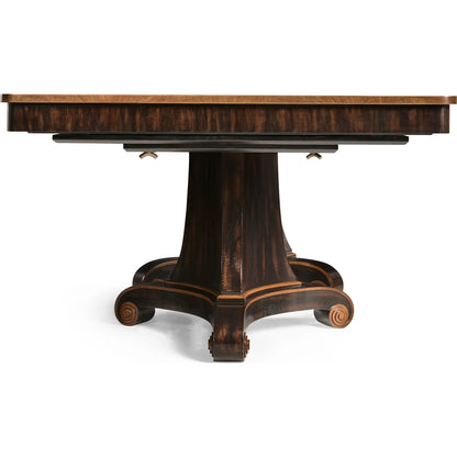 Rosette Dining Table by Jonathan Charles in medium crotch walnut. Made from celejeria veneer, brass, acacia veneer, beech, plywood in a modern style.