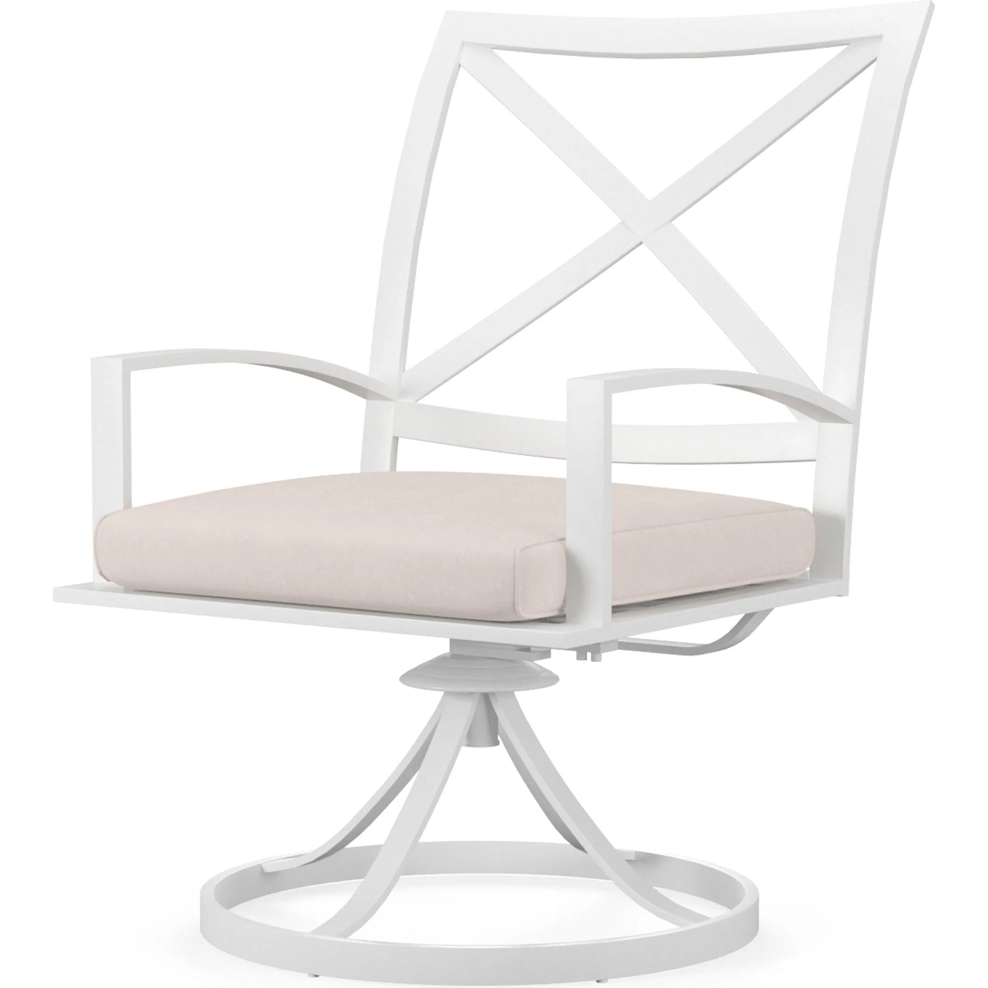 Bristol Outdoor Swivel Dining Chair in Canvas Flax w/ Self Welt by Sunset West. Made from aluminum in a modern style.