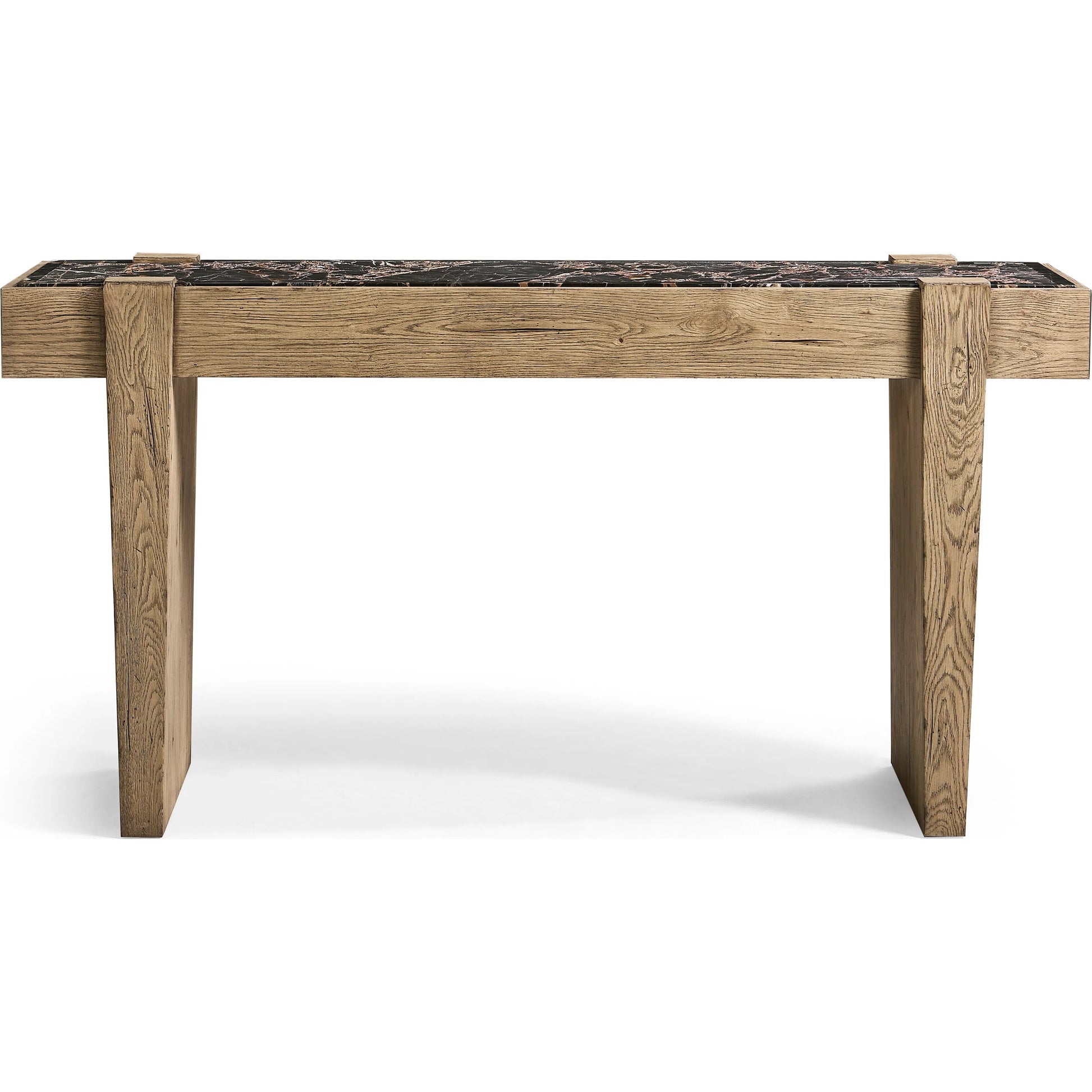 Echo Canyon Marble Console by Jonathan Charles in faded oak. Made from oak veneer in a cottage & farmhouse style.