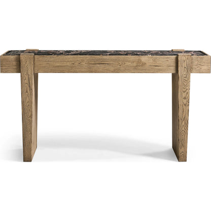 Echo Canyon Marble Console by Jonathan Charles in faded oak. Made from oak veneer in a cottage & farmhouse style.