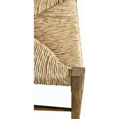 Timeless Doppler Ladderback Side Chair by Jonathan Charles in brown. Made from oak, fiber rush, foam, fabric in a coastal style.
