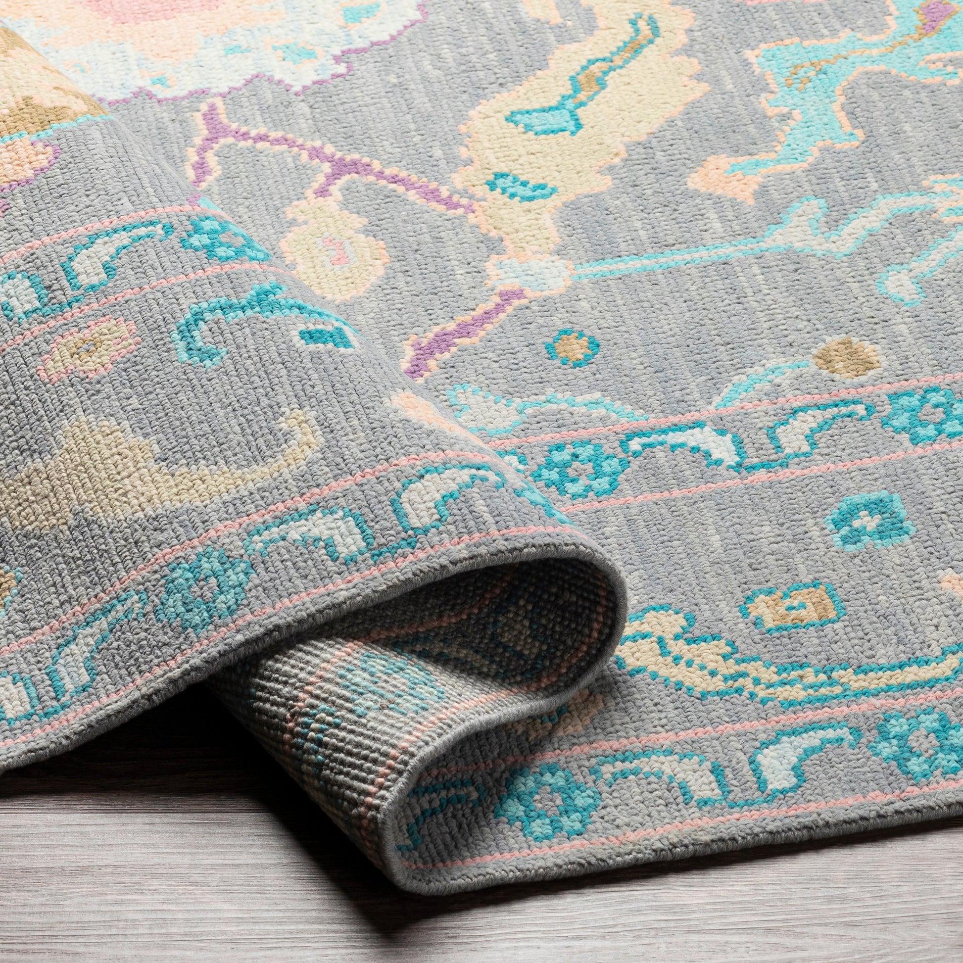 Ushak Rug - 26652 by Surya in wheat, light pink, blue, light blue, mauve, gray. Made from 100% wool in a unique style.