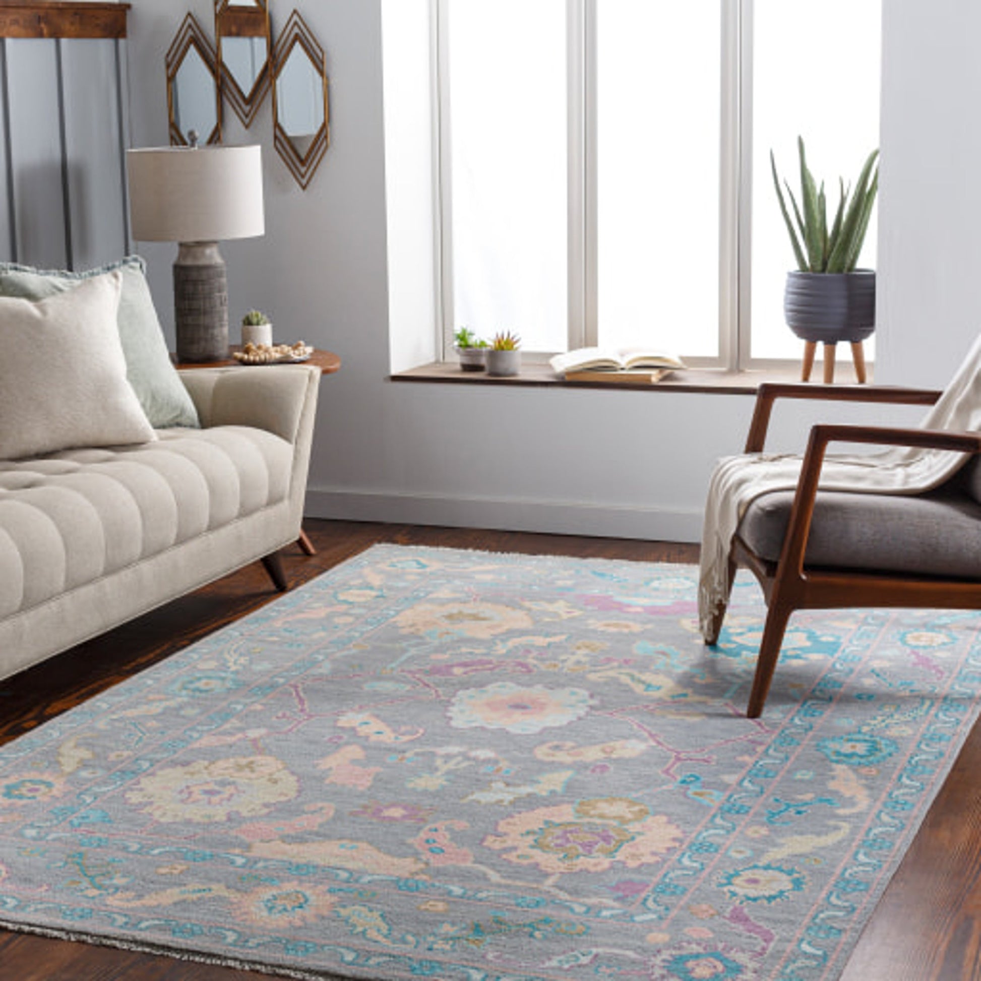 Ushak Rug - 26652 by Surya in wheat, light pink, blue, light blue, mauve, gray. Made from 100% wool in a unique style.