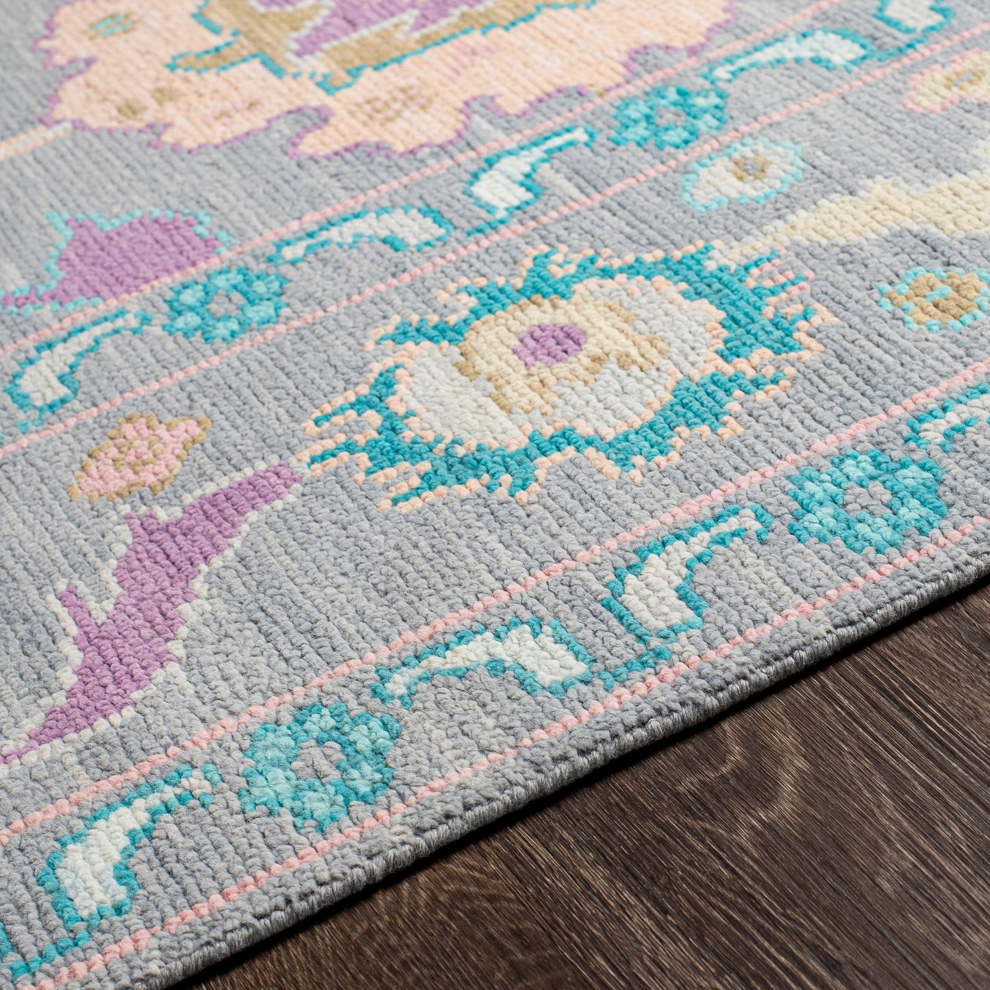 003 SI-1892868,SI-1892869,SI-1892871 | Closeup | Ushak Rug - 26652 by Surya in wheat, light pink, blue, light blue, mauve, gray. Made from 100% wool in a unique style.