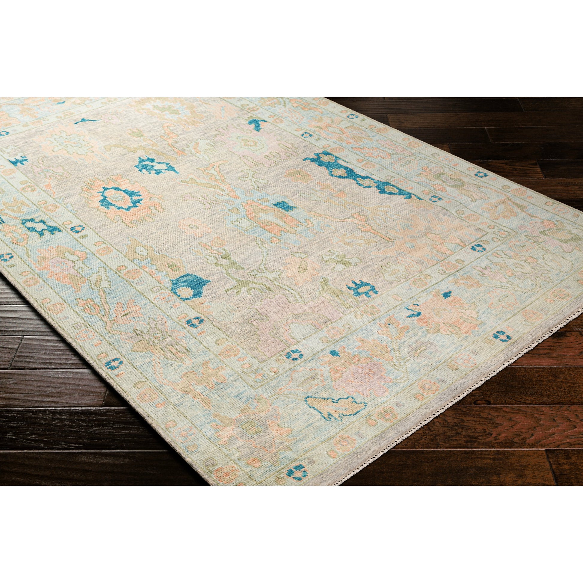 Ushak Rug - 26655 by Surya in light pink, blue, light beige, ice blue, light green. Made from unique in a unique style.