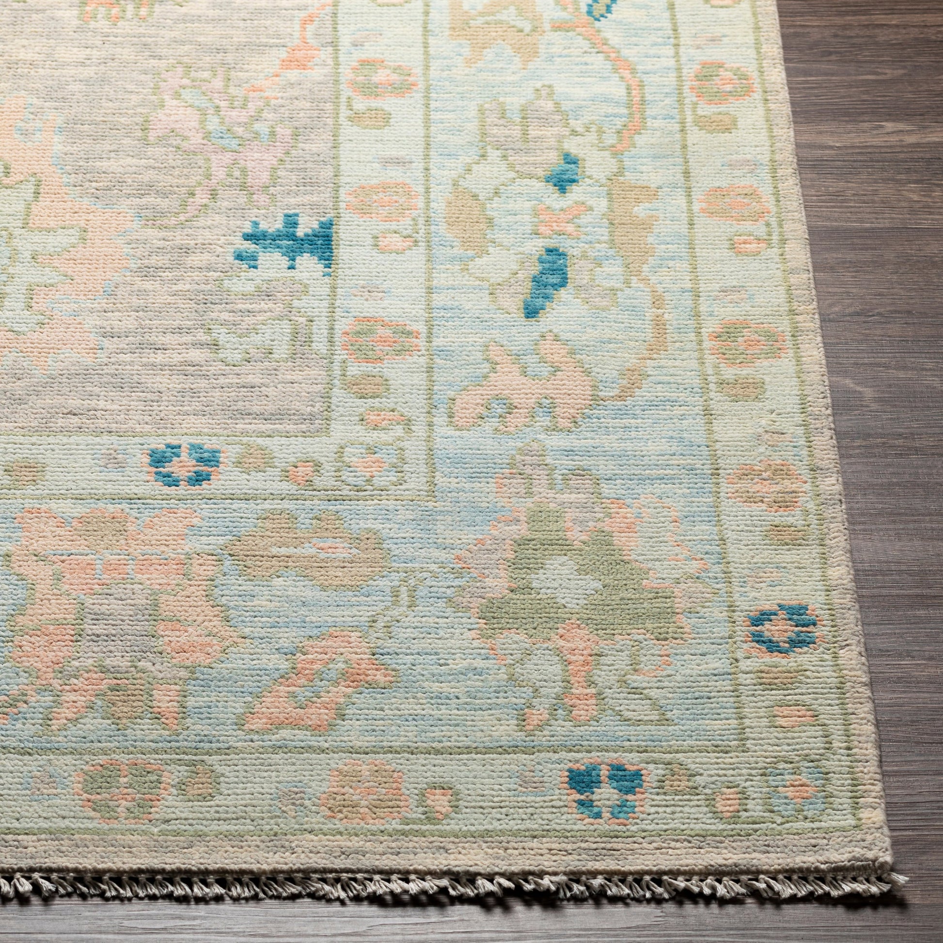 Ushak Rug - 26655 by Surya in light pink, blue, light beige, ice blue, light green. Made from unique in a unique style.