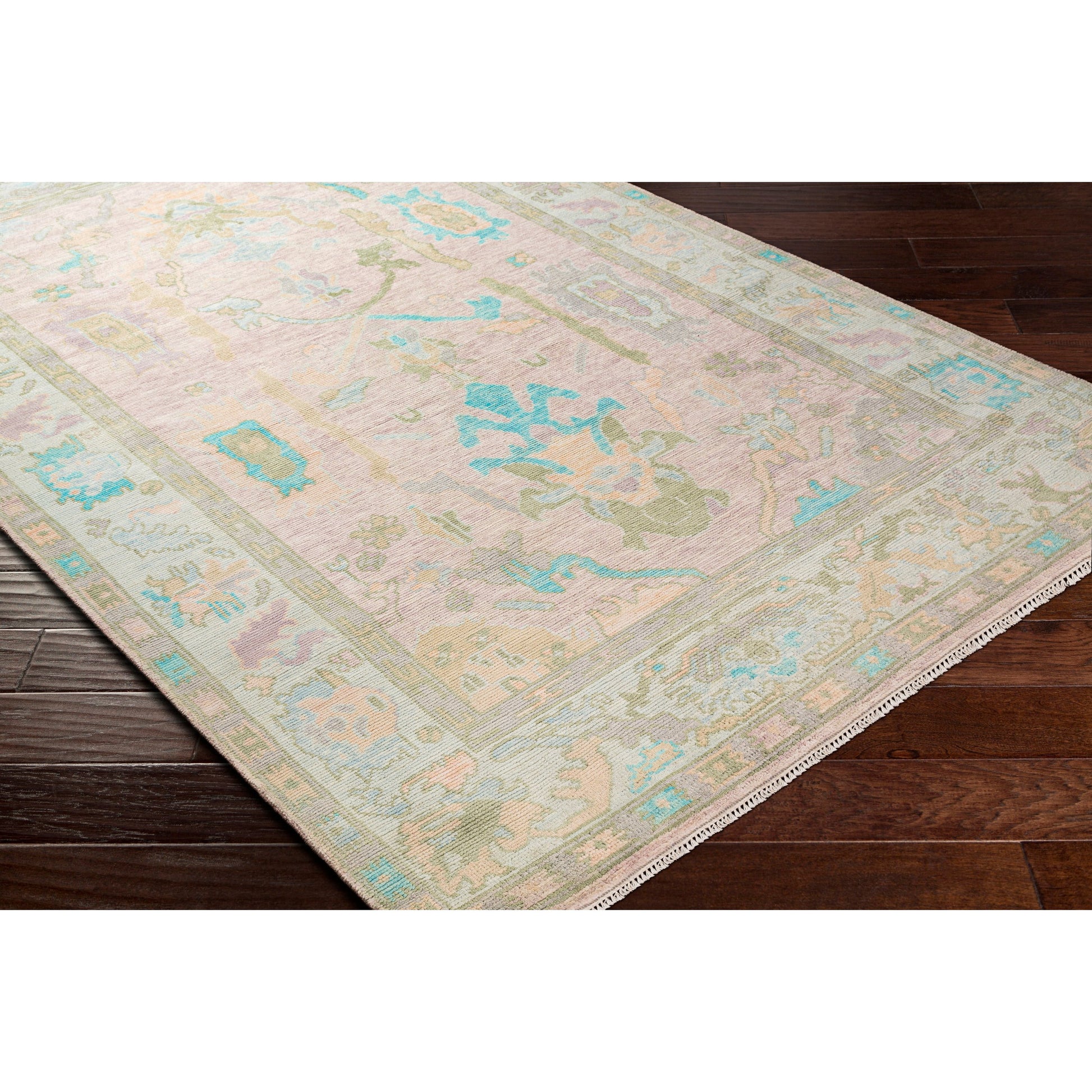 Ushak Rug - 26649 by Surya in light blue, blush, lilac, sage, ice blue. Made from 100% wool in a unique style.