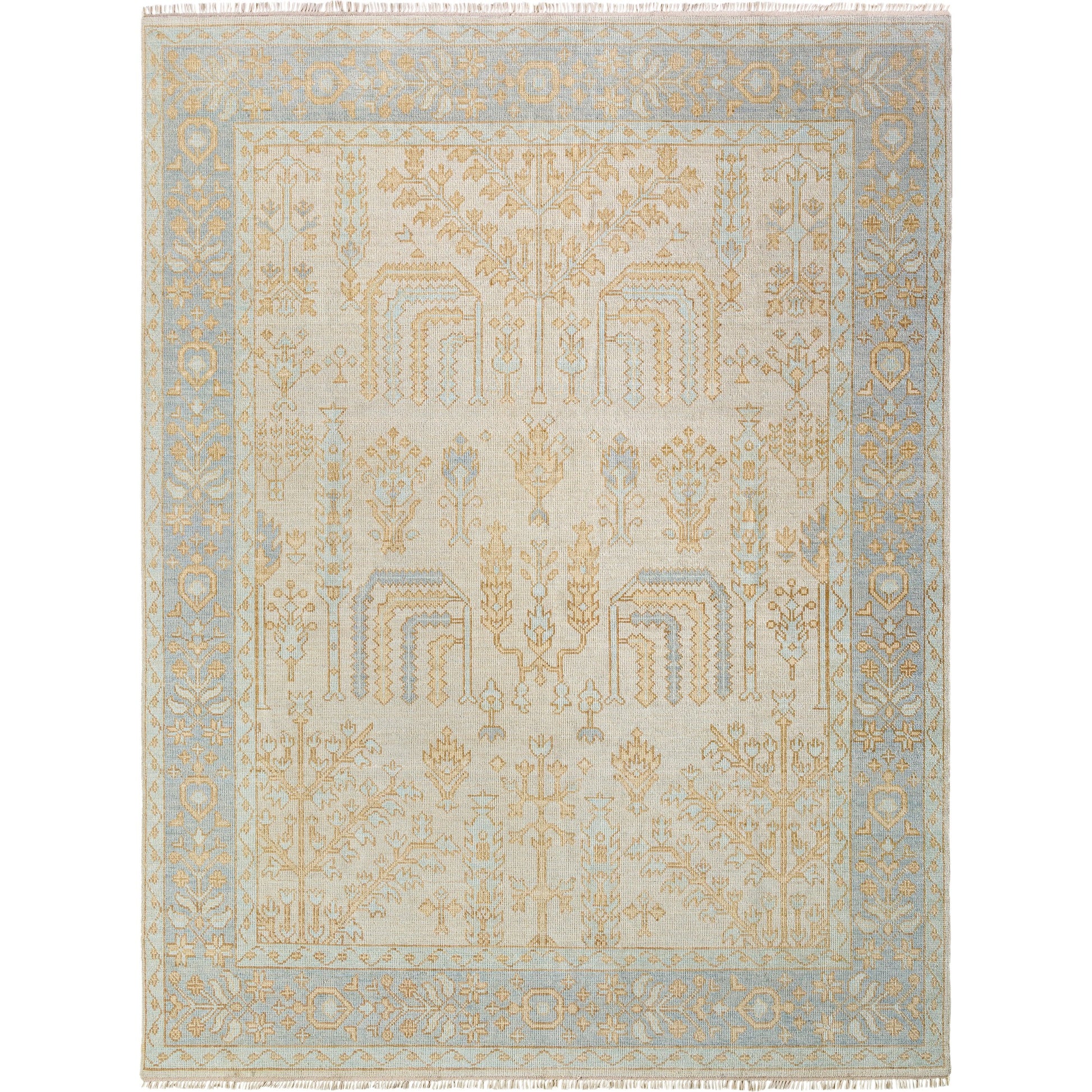 Ushak Rug - 495635 by Surya in sky blue, sandstone, pale gold, ivory. Made from face: 100% wool, warp: 65% cotton, 35% polyester in a unique style.