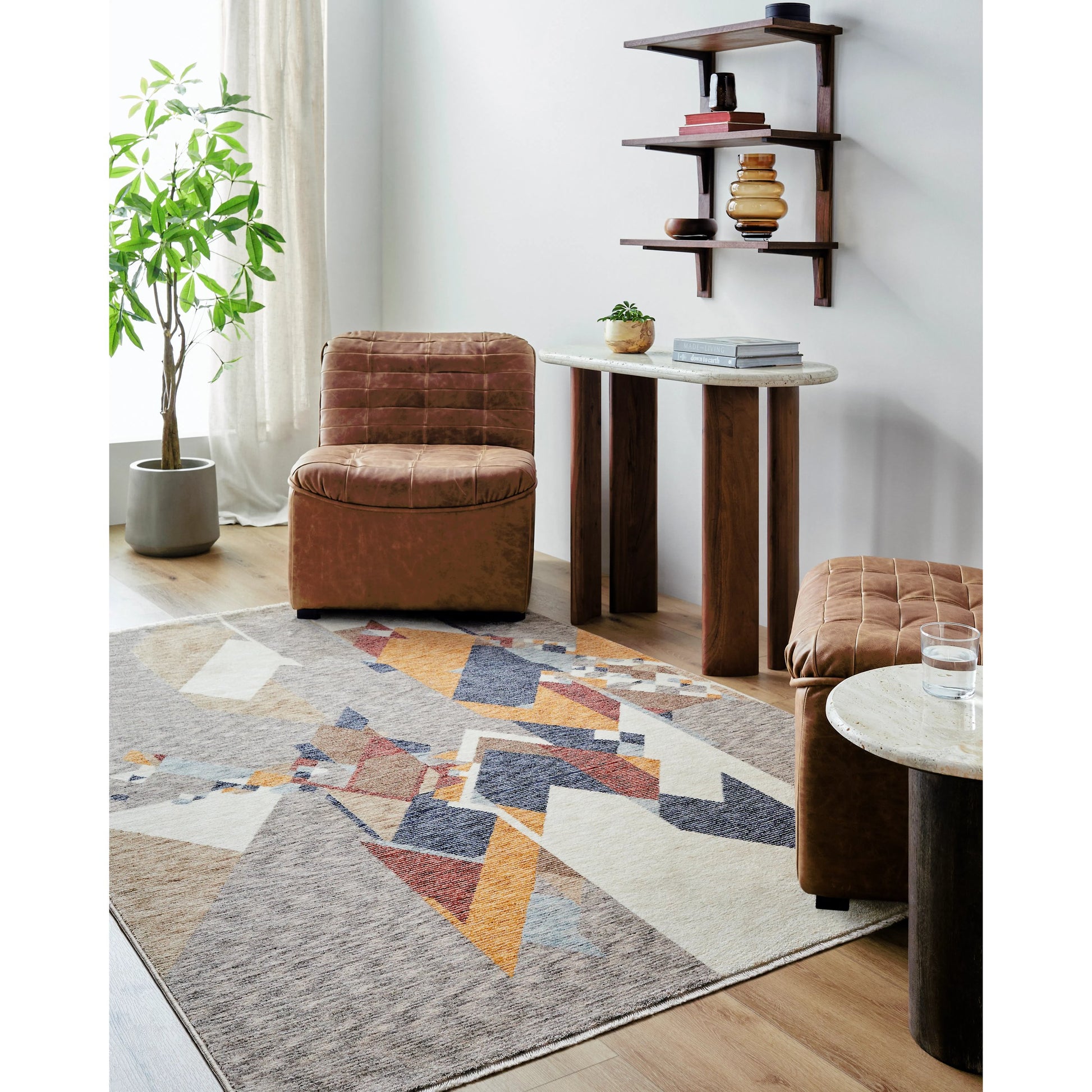 Usonia Rug - 500430 by Livabliss in white, gray, dark blue, burnt orange, brown, ice blue. Made from polyester in a unique style.