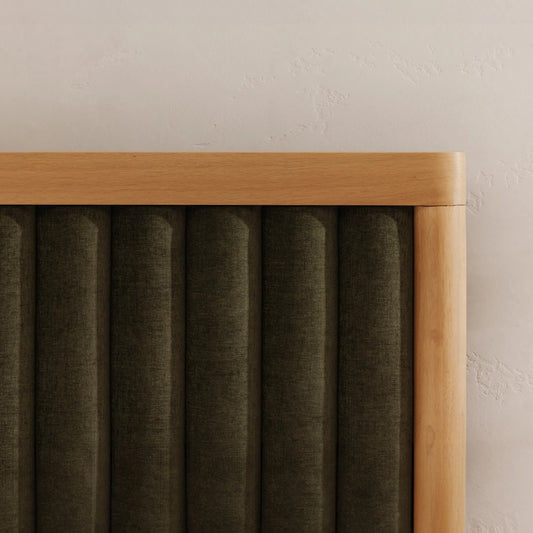Nina Bed by Moe's Home Collection in forest green and white wash. Made from upholstery: 100% polyester, oak veneer over mdf frame, plywood slat in a unique style.