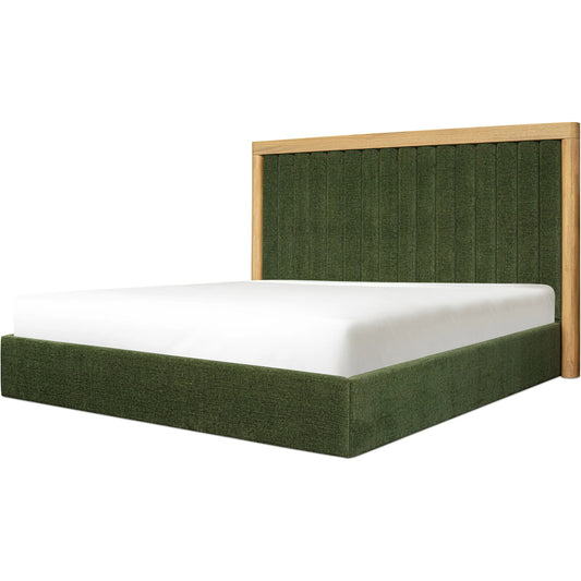 Nina Bed by Moe's Home Collection in forest green and white wash. Made from upholstery: 100% polyester, oak veneer over mdf frame, plywood slat in a unique style.