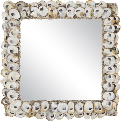Oyster Shell Mirror by Currey and Company in natural shell. Made from wood, oyster shell, mirror in a coastal style.