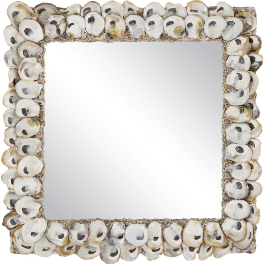 Oyster Shell Mirror by Currey and Company in natural shell. Made from wood, oyster shell, mirror in a coastal style.