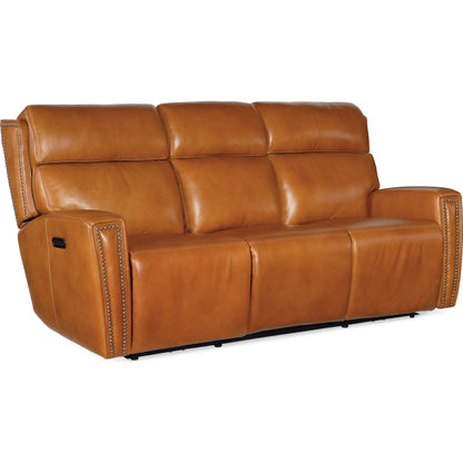 Ruthe Zerog Power Sofa by Hooker Furniture in salvo denim. Made from leather in a traditional style.