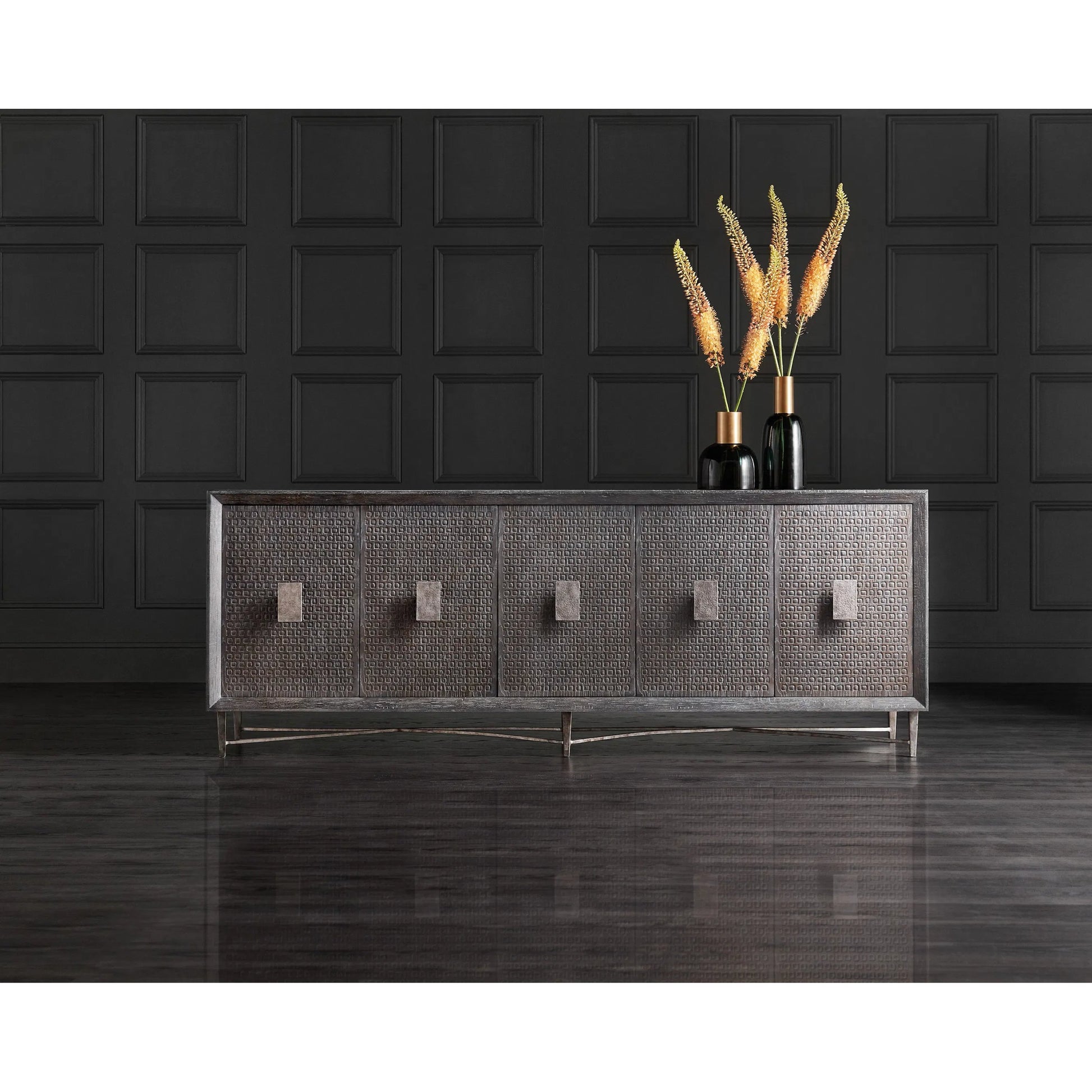 Melange Keenan Five Door Credenza by Hooker Furniture in dark wood, silver metal. Made from unique in a modern style.
