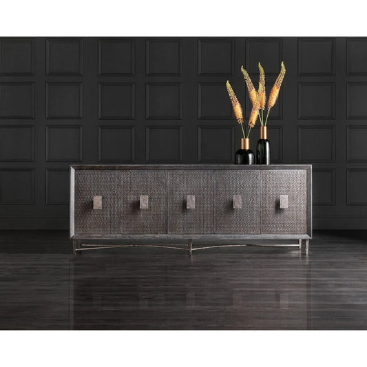 Melange Keenan Five Door Credenza by Hooker Furniture in dark wood, silver metal. Made from unique in a modern style.