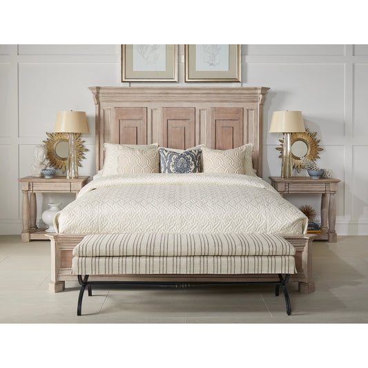 Alcove Bed Bench by A.R.T. Furniture in beige and sidecar graphite, burnished brass. Made from parrawood solids, iron, fabric, foam in a modern style.