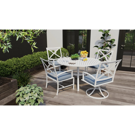 Bristol Outdoor Swivel Dining Chair in Canvas Flax w/ Self Welt by Sunset West in white. Made from aluminum in a modern style.