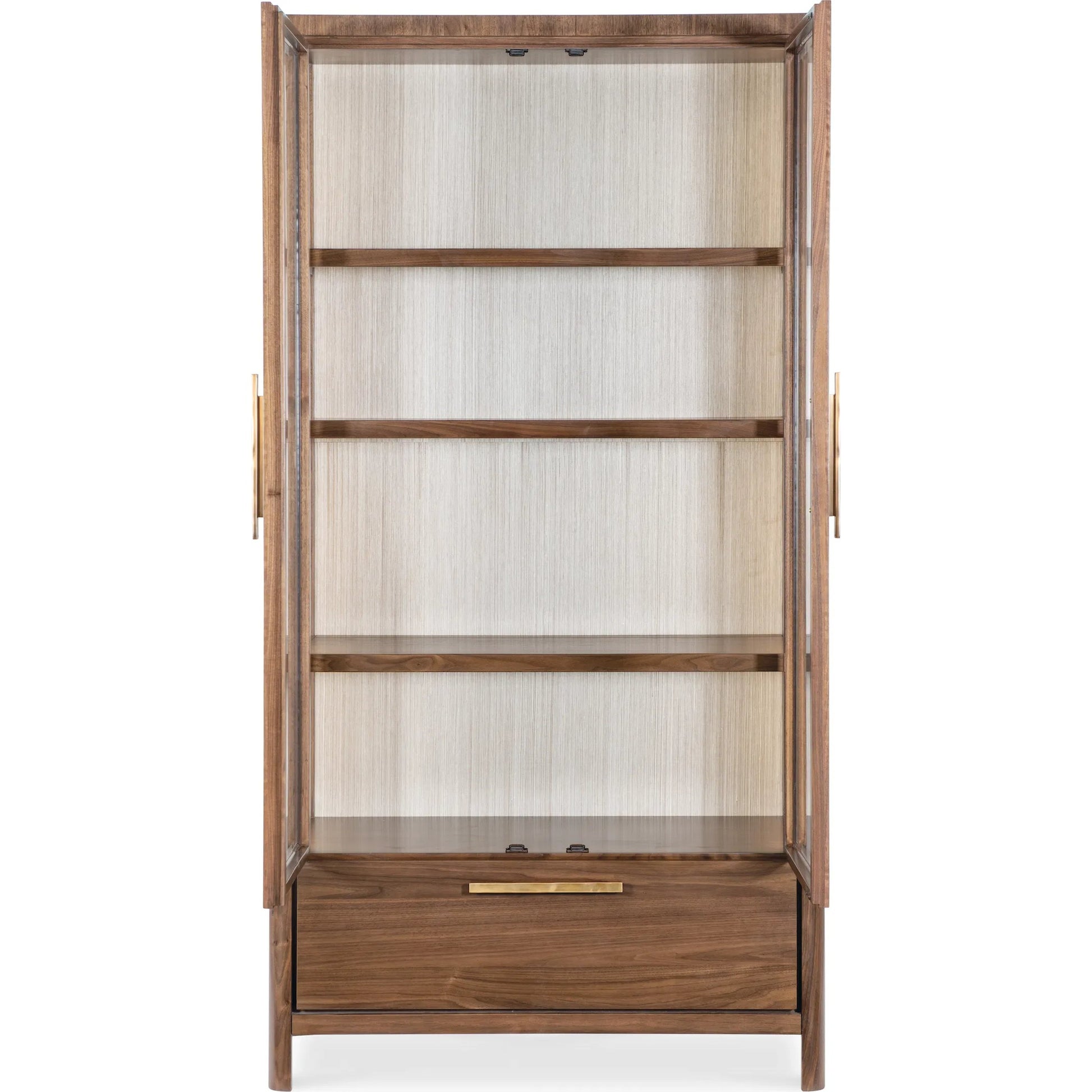 Eleana Display Cabinet by Hooker Furniture in light caramel, quartered walnut veneers. Made from walnut veneers, glass, wall cover in a traditional style.