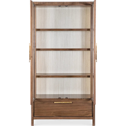 Eleana Display Cabinet by Hooker Furniture in light caramel, quartered walnut veneers. Made from walnut veneers, glass, wall cover in a traditional style.