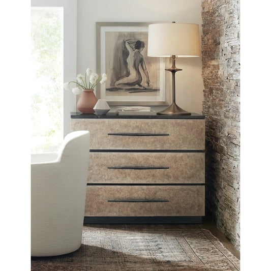 Melange Stacked Chest by Hooker Furniture in brown. Made from maple veneers with polished black marble in a modern style.