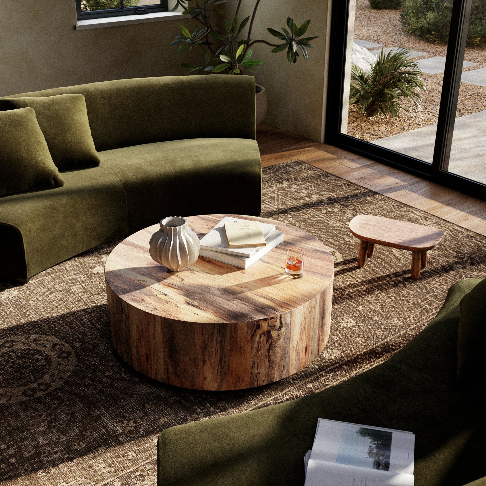 Hudson Round Coffee Table by Four Hands. Made from unique in a cottage & farmhouse style.