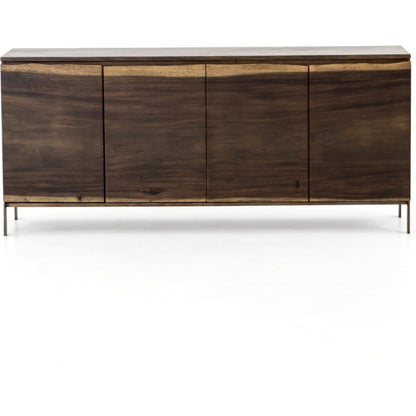 Live Edge Sideboard by Four Hands in bronzed iron, smoked saman. Made from thick saman veneer, iron in a eclectic & global style.