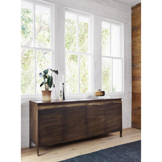 Live Edge Sideboard by Four Hands in bronzed iron, smoked saman. Made from thick saman veneer, iron in a eclectic & global style.