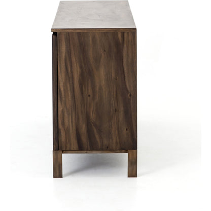 Live Edge Sideboard by Four Hands in bronzed iron, smoked saman. Made from thick saman veneer, iron in a eclectic & global style.