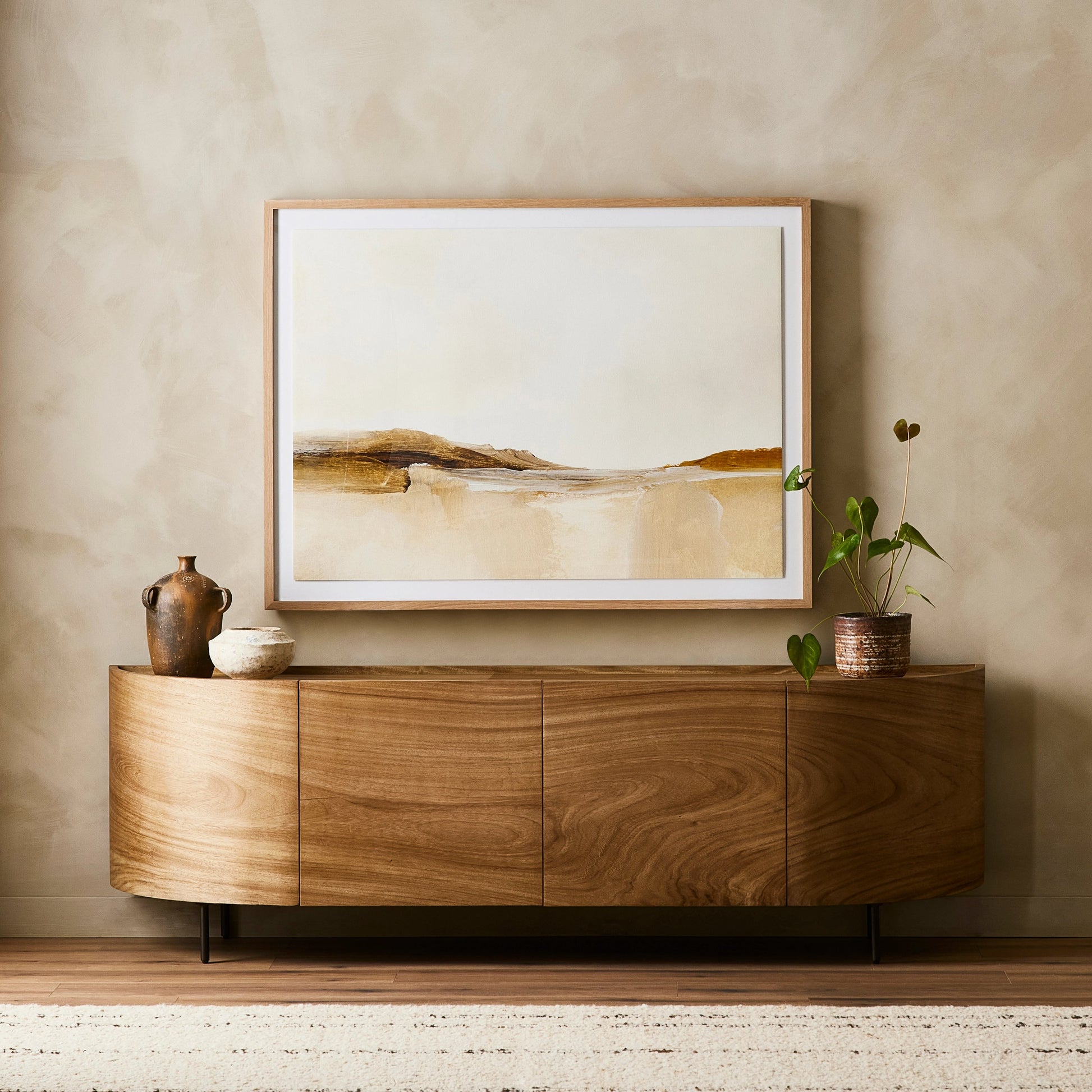 Lunas Sideboard by Four Hands. Made from thick guanacaste veneer, iron, engineered hardwood in a rustic style.