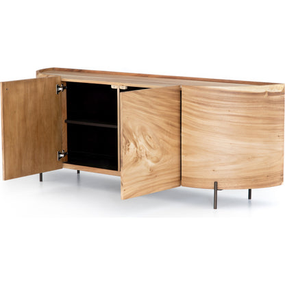 Lunas Sideboard by Four Hands. Made from thick guanacaste veneer, iron, engineered hardwood in a rustic style.