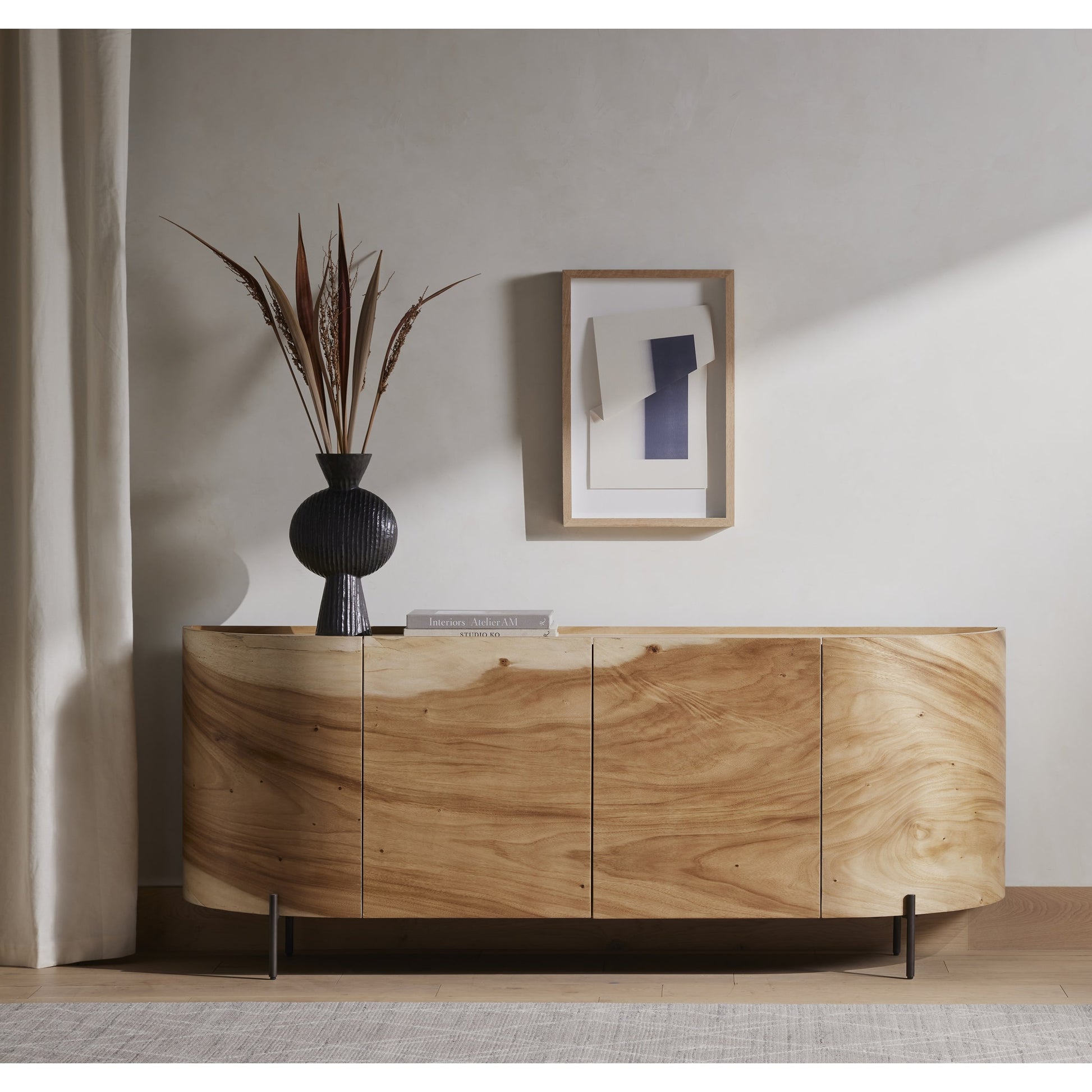 Lunas Sideboard by Four Hands. Made from thick guanacaste veneer, iron, engineered hardwood in a rustic style.