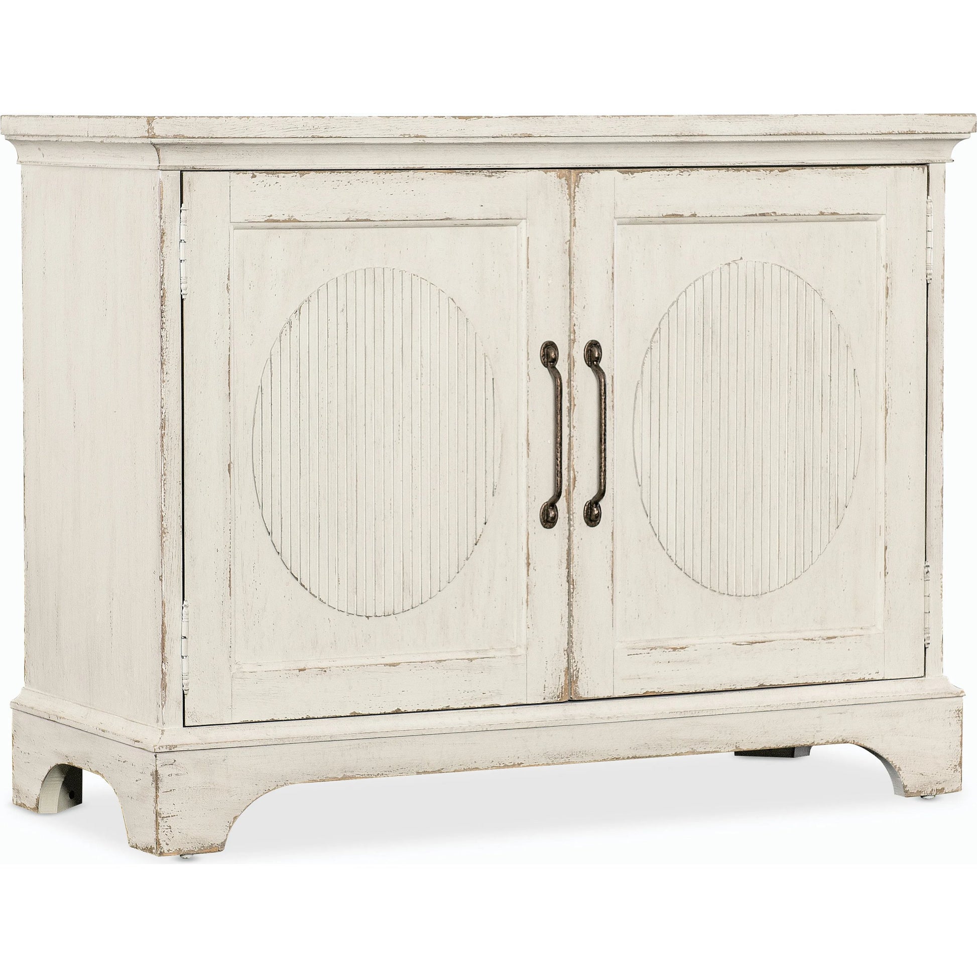 Americana Two-Door Chest by Hooker Furniture in white and worn white finish. Made from oak veneers in a cottage & farmhouse style.