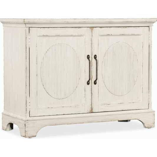 Americana Two-Door Chest by Hooker Furniture in white and worn white finish. Made from oak veneers in a cottage & farmhouse style.