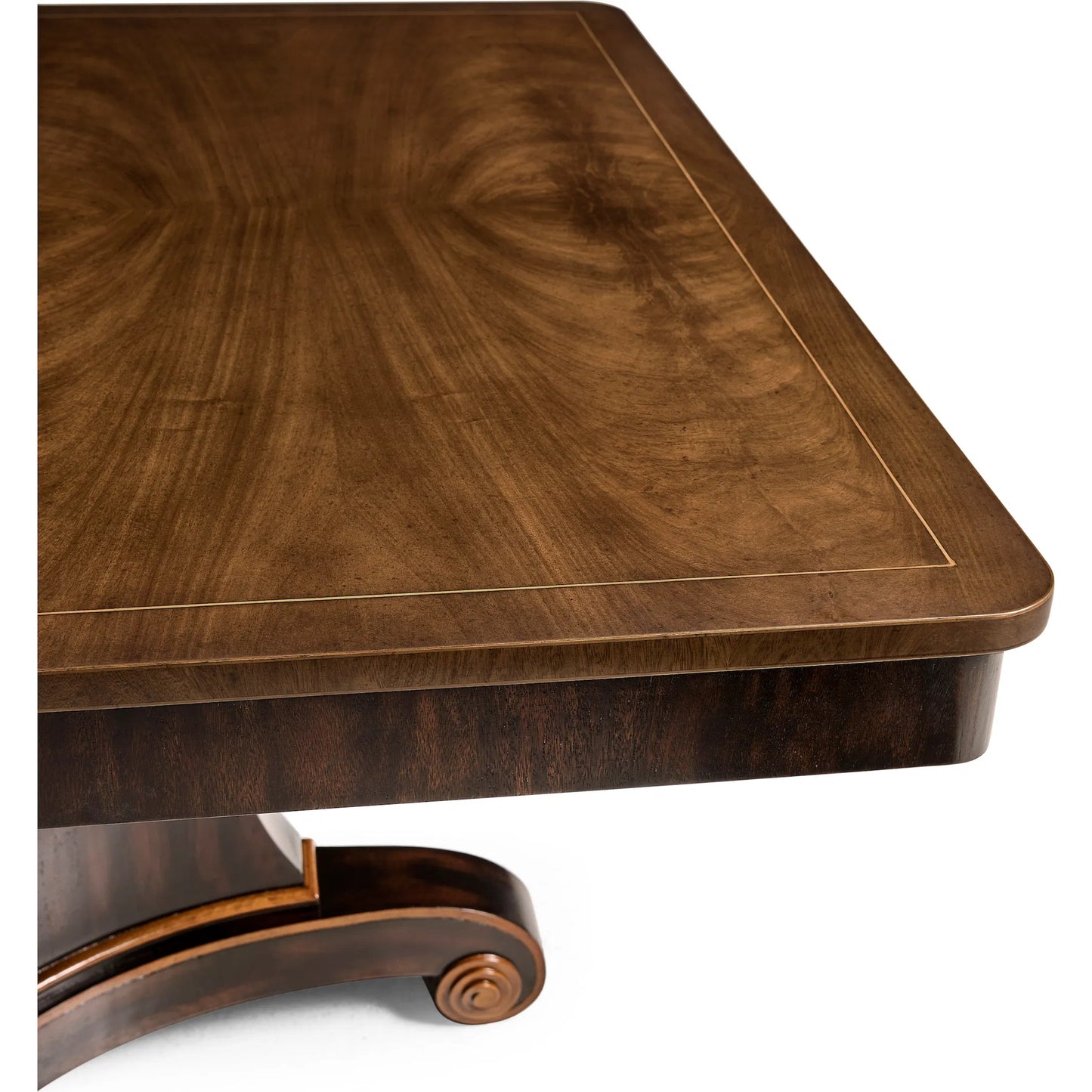 007 SI-2252674 | Closeup | Rosette Dining Table by Jonathan Charles in medium crotch walnut. Made from celejeria veneer, brass, acacia veneer, beech, plywood in a modern style.