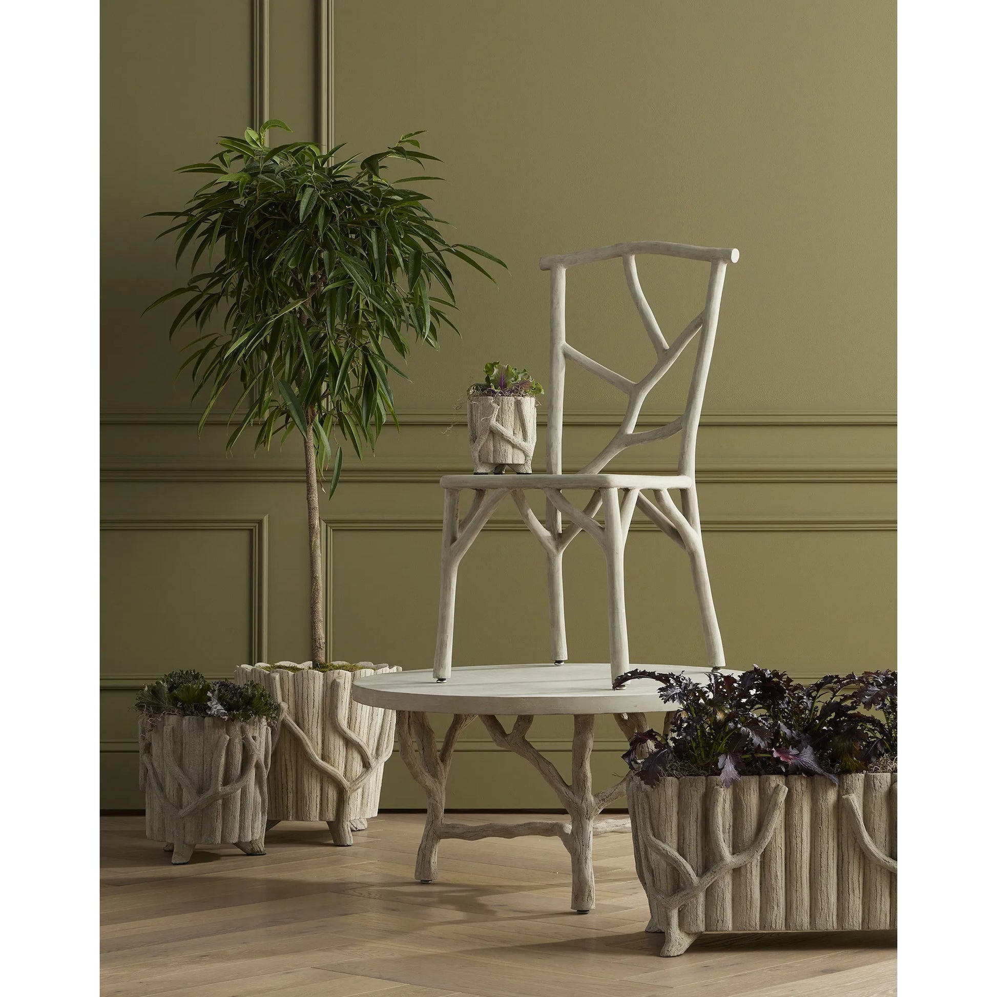 Faux Bois Planter by Currey and Company in portland, faux bois. Made from concrete, iron in a rustic style.
