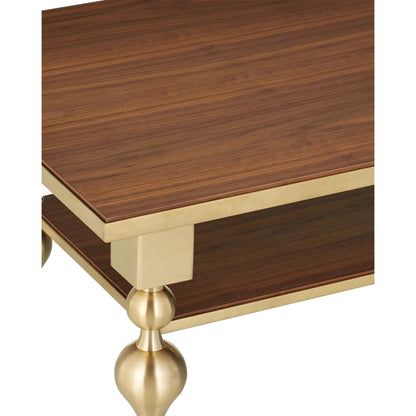 Maeve Cocktail Table by Currey and Company in brushed brass, walnut. Made from stainless steel, walnut veneer, engineered wood in a modern style.