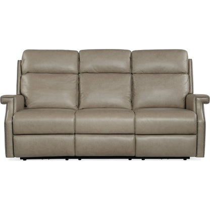 Vaughn Zero Gravity Sofa by Hooker Furniture in shattered stone. Made from leather in a traditional style.