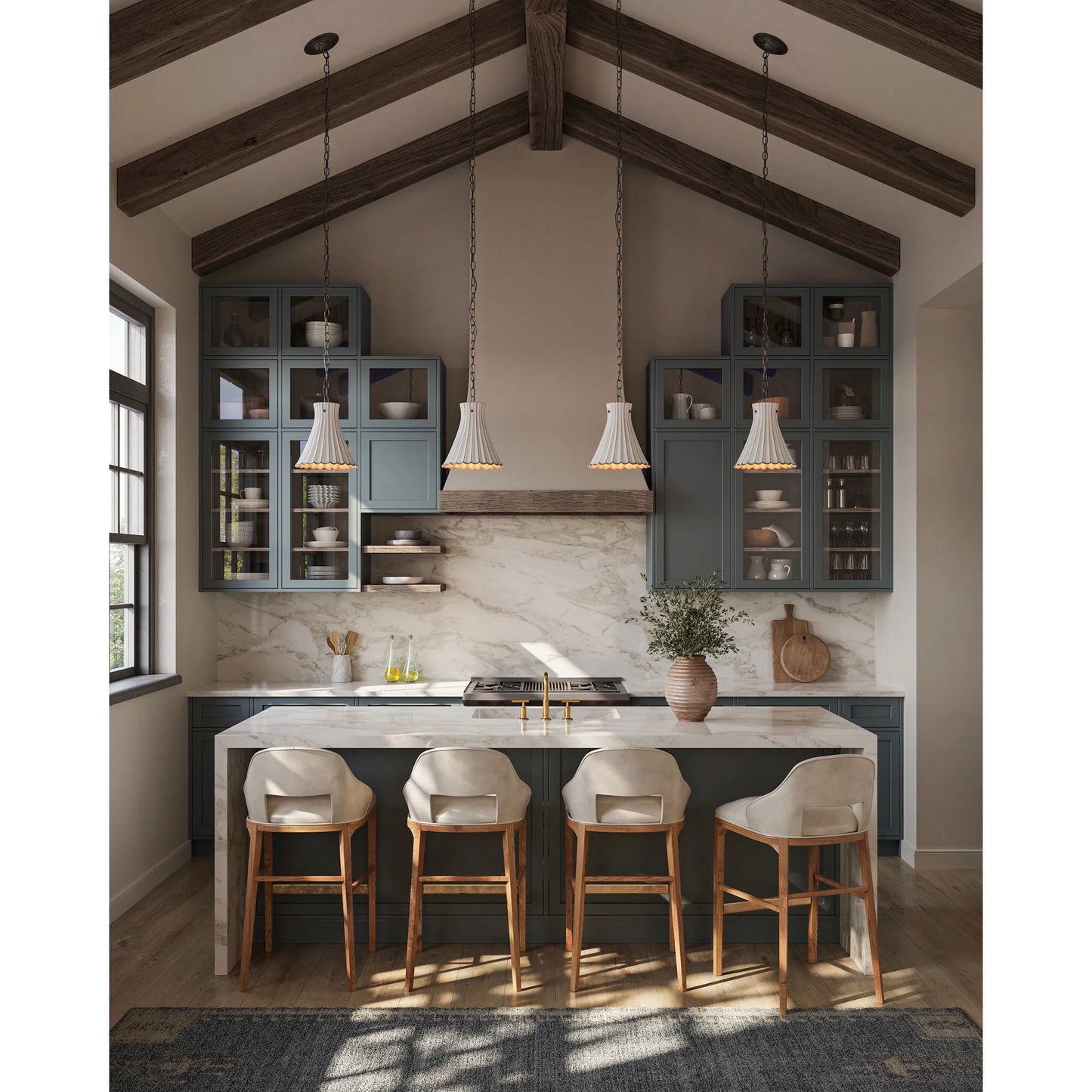 009 S-223969 | Lifestyle | Jazz Pendant by Currey and Company in satin black, white crackle. Made from wrought iron, terracotta in a coastal style.